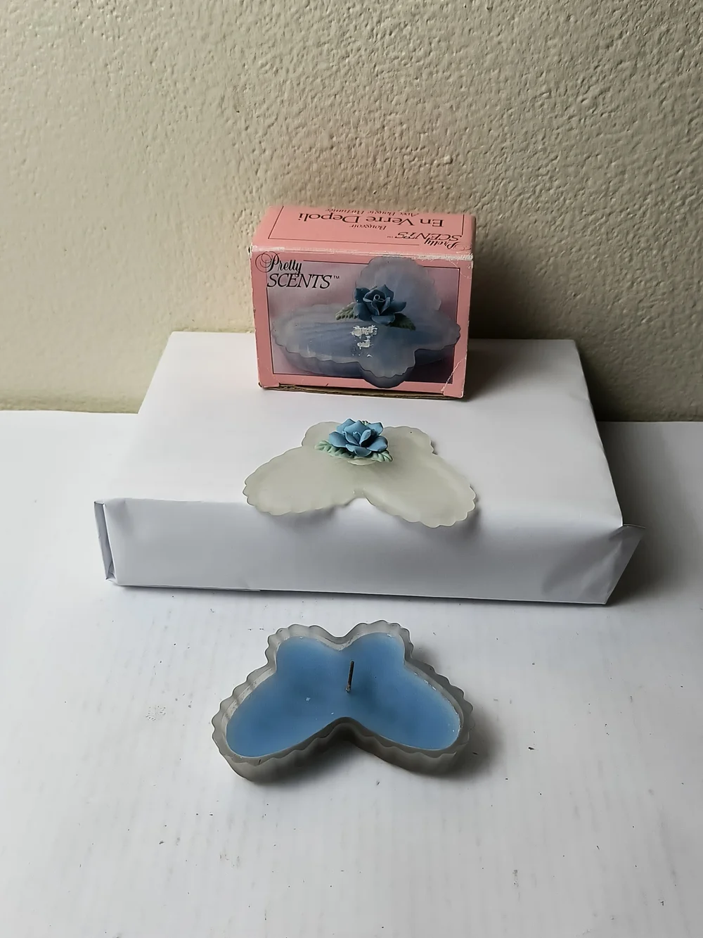 Frosted Glass Candle Holder Blue Flower Butterfly Box - Vintage 1987
